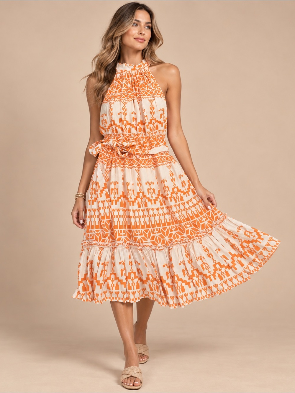 High-Neck Orange Geo Print Midi Dress with Waist Tie